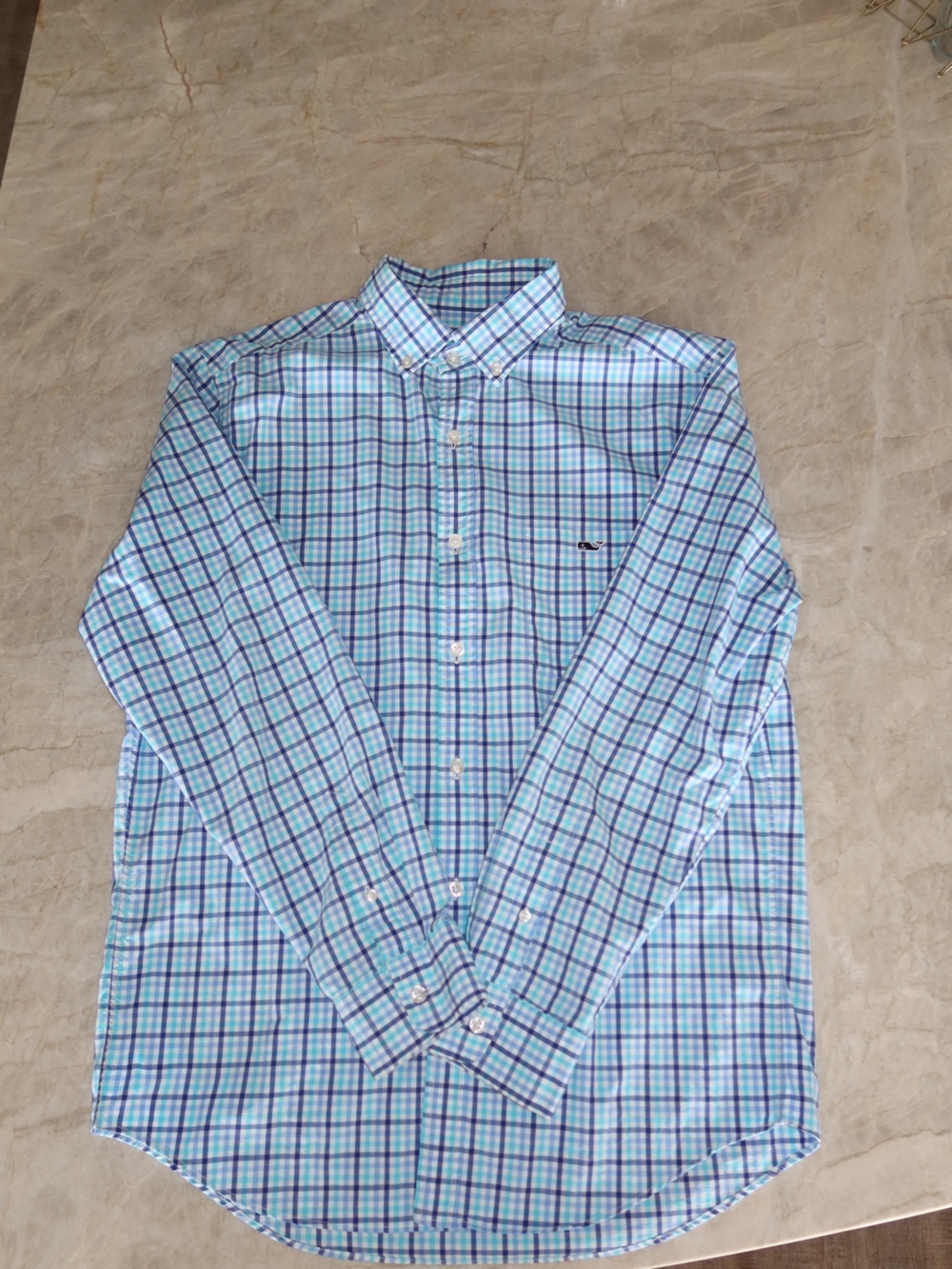 Vineyard Vines Light Blue and Teal Plaid Button-Down Shirt